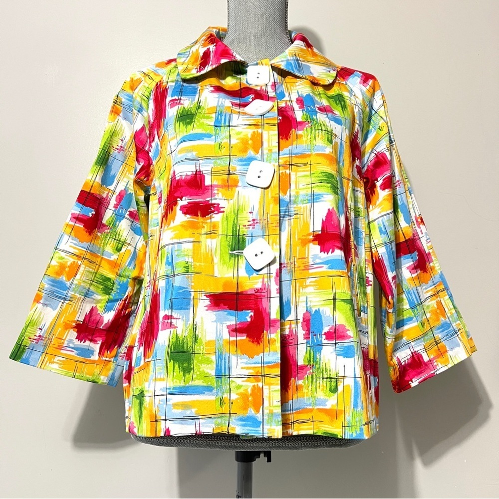 Mod Pop Art Women's Jacket Size Medium Button Up Abstract Print Prep Retro 60's